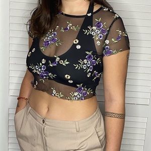 embroidered mesh crop top
